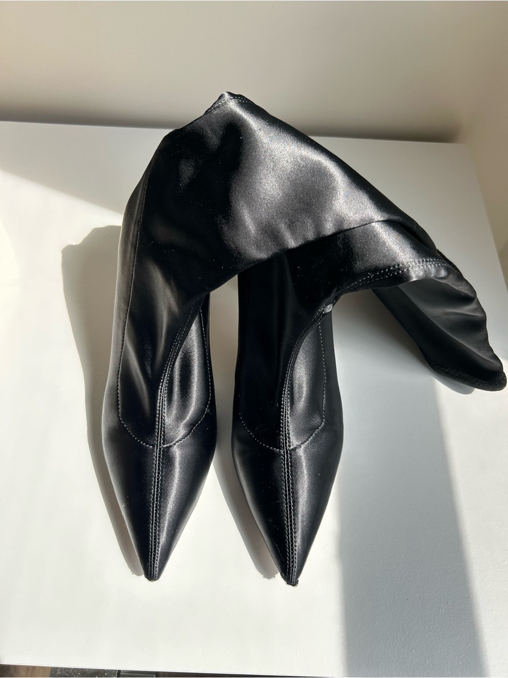 Sigerson Morrison Black Satin Draped Pointed-Toe Boots Size 7